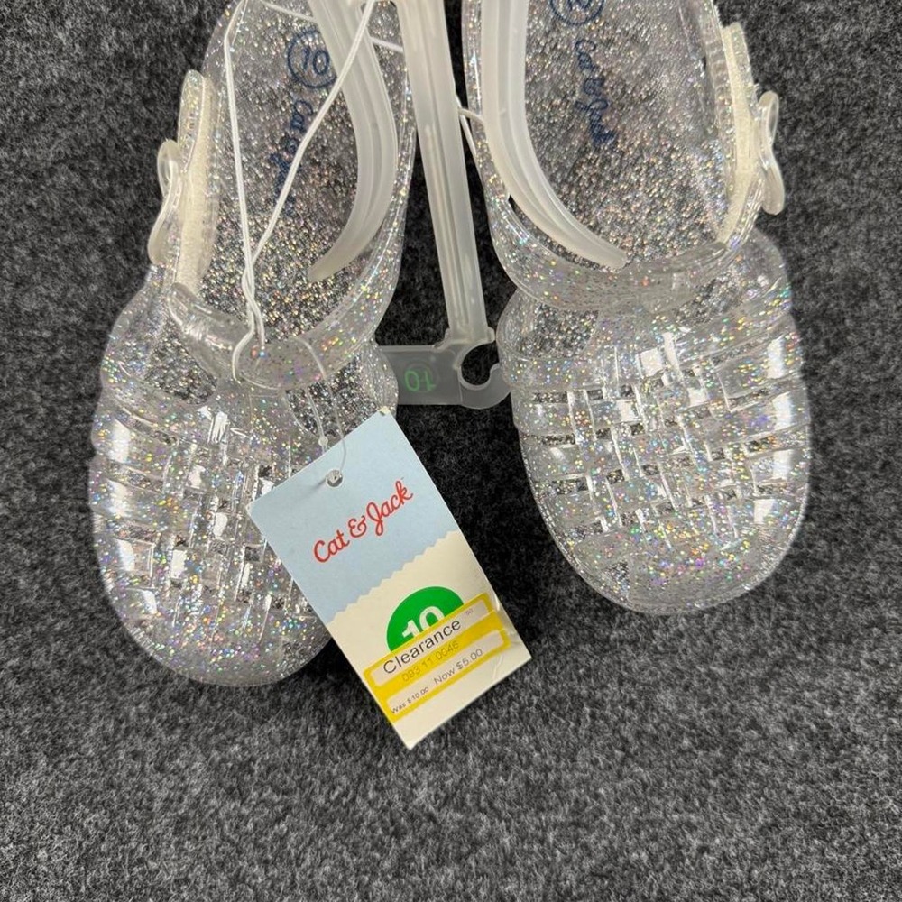Cat & Jack silver glittery clogs with rainbow sparkles